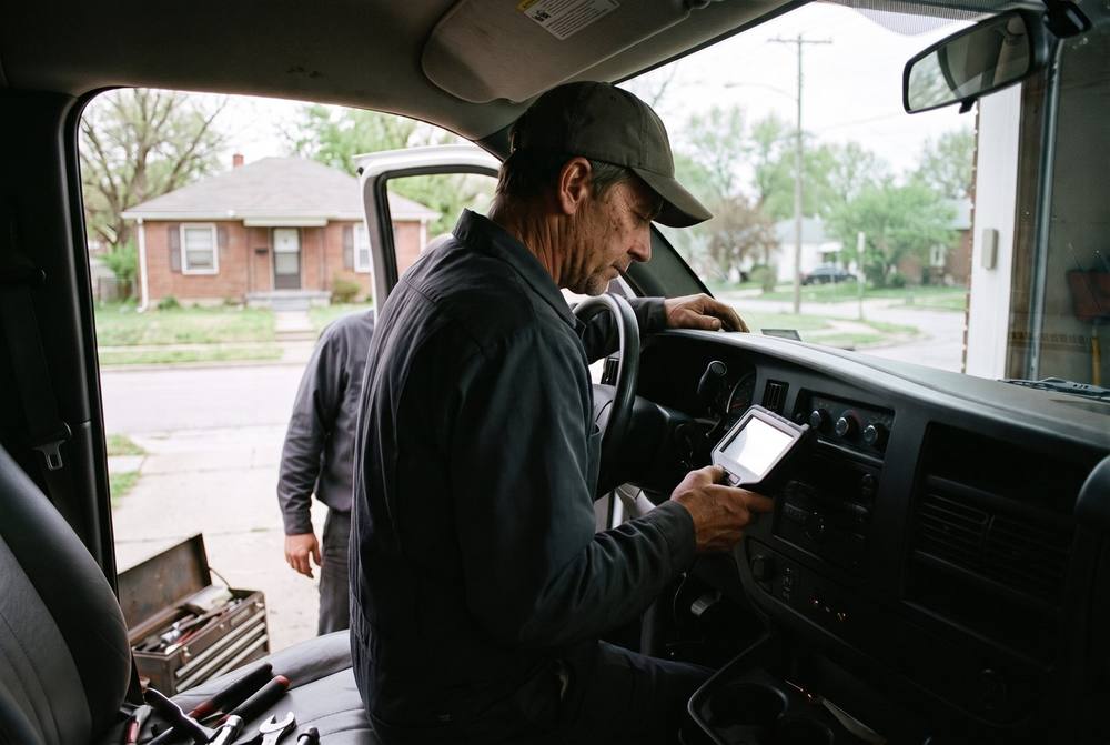 Technician installing a new windshield on a car parked in an office parking lot