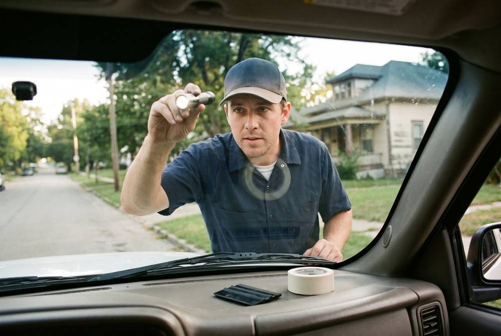Car windshield cracked by a fallen tree branch after a Kansas City windstorm