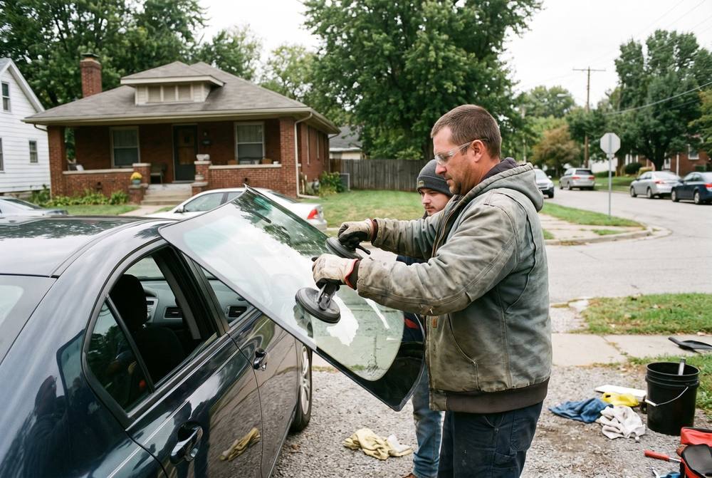 Technician installing a new windshield on a sedan in Kansas City
