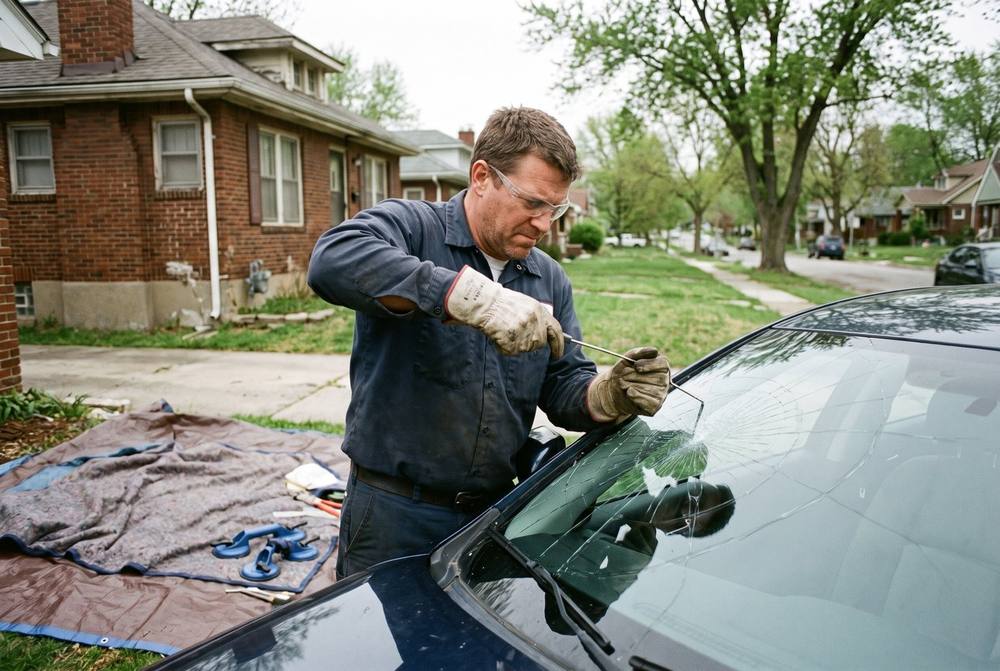 Technician installing a new windshield on a sedan in Kansas City, MO